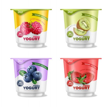 Fruits yogurt set Premium Vector | Free Vector #Freepik #freevector #background #food #summer #template Fruits Yogurt, Yoghurt Packaging, Subscription Box Design, Yogurt Brands, Yogurt Packaging, Labels Design, Fruit Yogurt, Ice Cup, Paint Buckets