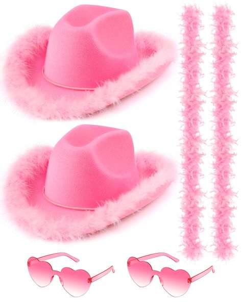 Pink Cowboy Hat Bachelorette, Pink Fuzzy Cowgirl Hat, Pink Baddie Party Decor, Feather Boa Cowboy Hat, Barbie Asthetics Party, Disco Cowgirl Accessories, Pink Themed Party Aesthetic, Pink Party Accessories, Pink Cowgirl Aesthetic Birthday