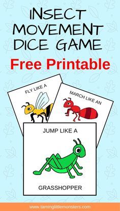 Free printable insect movement dice. Burn off some of your kids extra energy with this movement game. watch as they wriggle like a caterpillar or march like an ant. Great fun for rainy days and kids of all ages. Insect Activities For Prek, Critters Preschool Activities, Activities About Insects For Preschool, Grasshopper Preschool Activities, Insect Activities For Kindergarten, Bugs And Insects Activities For Toddlers, Insects Kindergarten Activities, Bug Activity, Insect Activities For Kids