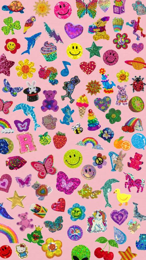 #f4f #inspo #stickers #rainbow #pink i love these stickers 💕 Stickers Wallpaper, Y2k Colorful Aesthetic, Y2k Colors, Colorful Phone Theme, Colorful Collage, Y2k Rainbow Wallpaper, Sticker Wallpaper, Kawaii Phone Wallpaper, Aesthetic Stickers Y2k