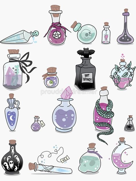 "Potion Bottles White" Sticker by prouddaydreamer | Redbubble Halloween Potion Bottles, Witch Bottles, Bottle Tattoo, Bottle Drawing, Color Me Mine, Halloween Potions, Magic Bottles, Procreate Ipad Art, Potion Bottles