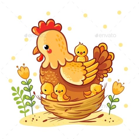 Cartoon Hen with Chickens Sitting in a Basket Cartoon Hen, Chicken Vector, Chicken Drawing, Funny Eggs, Egg Vector, Hen Chicken, Cute Chickens, Art Drawings For Kids, Funny Cartoons