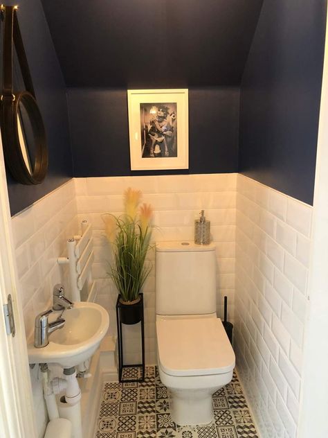 Toilet No Window, Small Downstairs Toilet Ideas Under Stairs Tiny Bathrooms, Downstairs Toilet Sloped Ceiling, Downstairs Toilet Tiles, Small Understairs Toilet, Small Wc Design Toilet Room, Dark Toilet Room, Tiny Wc, Under Stairs Toilet