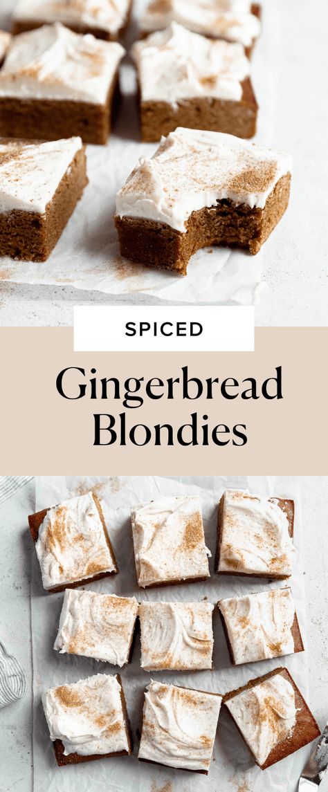 Easy Gingerbread Blondies Recipe | Broma Bakery Seasonal Baked Goods, Fall Blondies Recipe, Christmas Blondies, Gingerbread Blondies, Fall Baked Goods, Gingerbread Brownies, Blondies Recipes, Cookbook Inspiration, Gingerbread Dessert