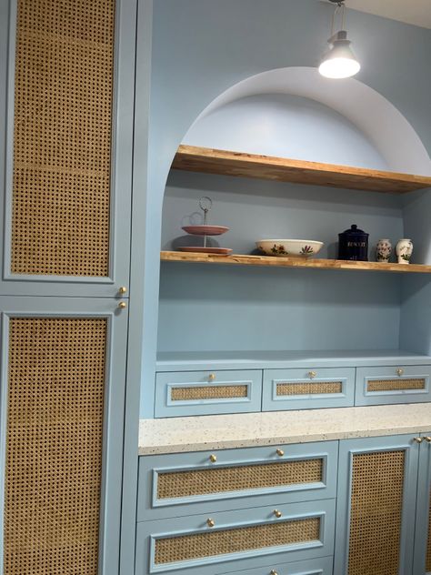 Rattan Kitchen Cabinets, Palm Royale, Rattan Door, Rattan Doors, Cabin Diy, Living Room Built Ins, Cupboard Doors, House Kitchen, Maine House