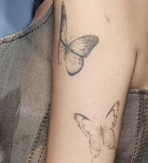 Ariana Grande Arm Tattoo, 2 Butterfly Tattoo On Arm, Ariana Butterfly Tattoo, Ulysses Butterfly Tattoo, Ariana Grande Butterfly Tattoo, Butterfly Elbow Tattoos For Women, Small Cute Tattoo Ideas, Vintage Butterfly Tattoo, Ariana Grande Tattoos