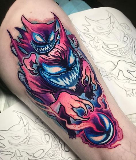 Crazy Detailed Tattoos, Tattoo Ideas Trending, Ghastly Tattoo, Gengar Tattoo Design, Pokemon Tattoo Design, Tattoos Pokemon, Gengar Tattoo, Pokemon Tattoos, Pikachu Tattoo