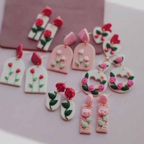 Spring Polymer Clay Earrings, Pink Polymer Clay Flower Earrings For Gift, Polymer Clay Rose Earrings, Polymer Rose Earrings, Pink Clay Dangle Earrings, Pink Flower-shaped Polymer Clay Earrings, Earrings Sets, Clay Inspo, Easter Earrings