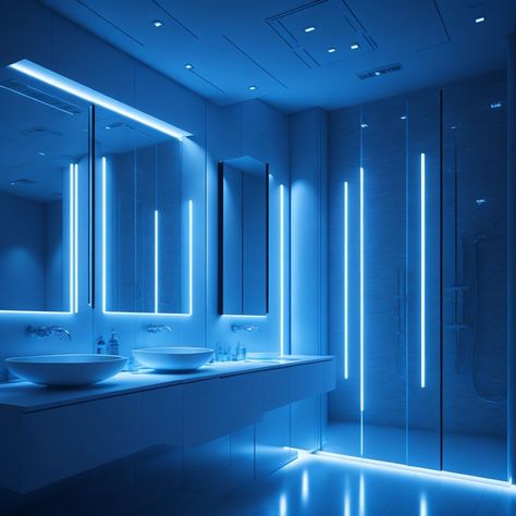 White Bathroom with blue led’sarchitecture homedecor dream fyp aesthetic luxury minimalist modern modernhome interiordesign Cybercore Bathroom, Aesthetic Bathroom Led Lights, Club Restroom, White Bathroom Aesthetic, Penthouse Bathroom, Bedroom Ideas For Small Rooms Cozy, Nightclub Design, Luxury Room Bedroom, Fyp Aesthetic