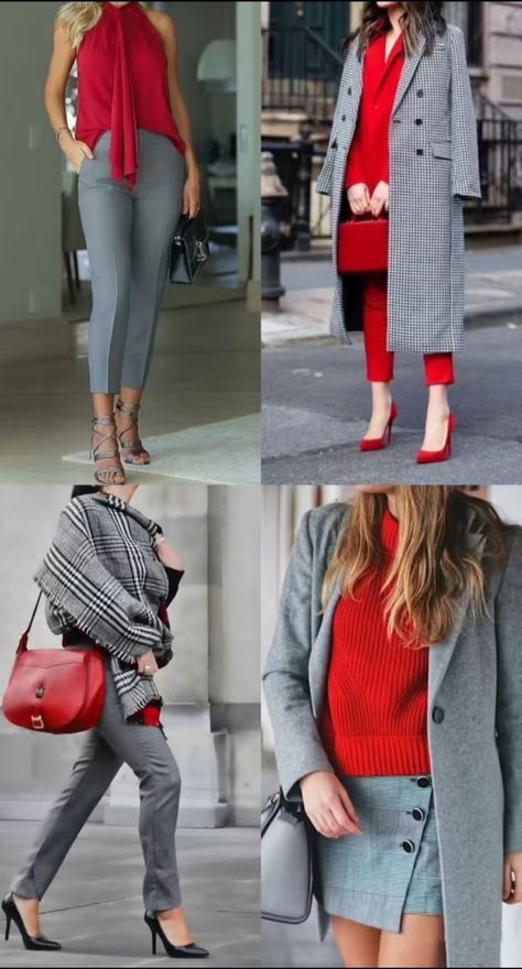 Colors That Go With Grey Outfits, How To Wear Grey Pants, Red Fall Outfits Women, Burgundy Christmas Outfit, Red Outfit Color Combos, Gray And Burgundy Outfit, Red And Grey Outfits For Women, Gray Color Combinations Outfit, Grey And Red Outfits