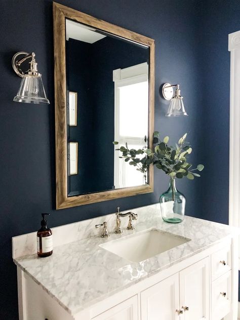 The Best Bathroom Paint Colors – Growing Up Kemper Deep Blue Bathroom, Bathroom Paint Colors Blue, Blue Powder Rooms, Bathroom Paint Color, Blue Bathroom Paint, Powder Room Paint, Dark Blue Bathrooms, Best Bathroom Paint Colors, Small Bathroom Paint