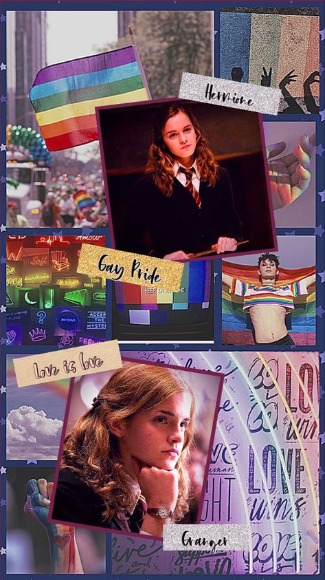 Spooky Pride Wallpaper, Pride Month Wallpaper Aesthetic, Disney Pride Wallpaper, Harry Potter Collage Wallpaper, Lgbtq Harry Potter, Hermione Granger, Hermione, Gay Pride, Harry Potter