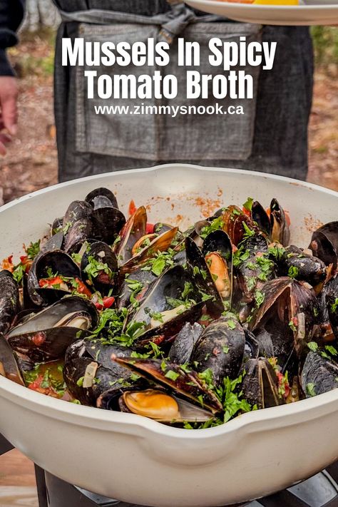 Mussels In Spicy Tomato Broth Spicy Mussels Recipe, Cozy Chalet, Mussels Recipe, Prince Edward Island Canada, Tomato Broth, S Table, Best Christmas Recipes, Best Dinner Recipes, Fun Dinners