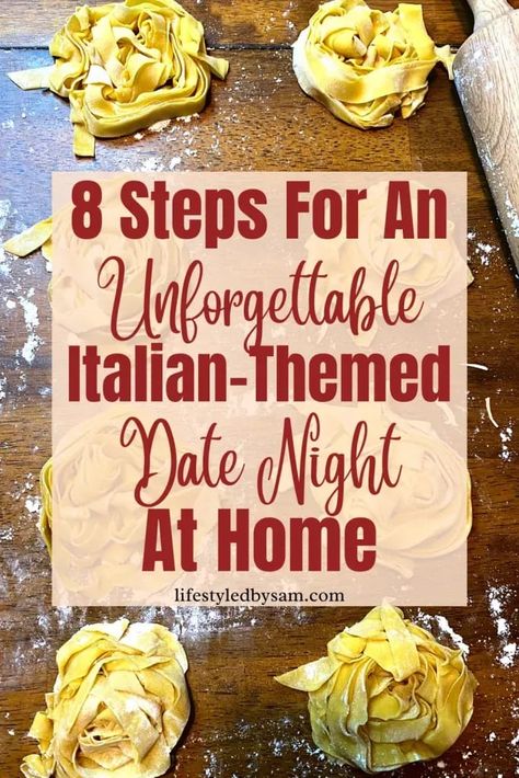 How To Have The BEST Italian Themed Date Night At Home {Date Night Ideas!) Italian Themed Date Night At Home is a fun, creative, DIY, unique, easy, inexpensive, at-home date idea that isn’t just Netflix for couples while you are quarantining at home or just want to change it up. Italian Themed Date Night Ideas include Make Your Own Pasta, Make Your Own Cannoli, Do An Italian Wine Tasting, Watch An Italian Themed Movie, Learn Basic Italian Words, and Dress Up. Italian Night Dinner Party Ideas, Italian Themed Date Night At Home, Homemade Pasta Date Night, Italian Valentines Day, Theme Date Night Ideas At Home, Themed Movie Night Ideas Adults, Movie Themed Dinner Ideas Adult, Italian Date Night At Home, Italy Date Night