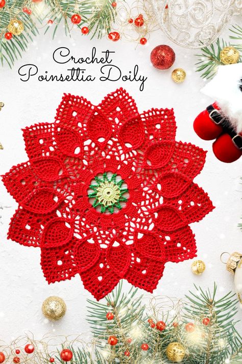 Crochet Christmas Tablecloth, Christmas Crochet Placemats Free Pattern, Crochet Christmas Placemats Free Pattern, Crochet Christmas Doily Free Pattern, Crochet Pointsetta Pattern Free, Christmas Crochet Doily Free Pattern, Christmas Crochet Doily Patterns Free, Poinsettia Crochet, Crochet Christmas Doilies Free Pattern