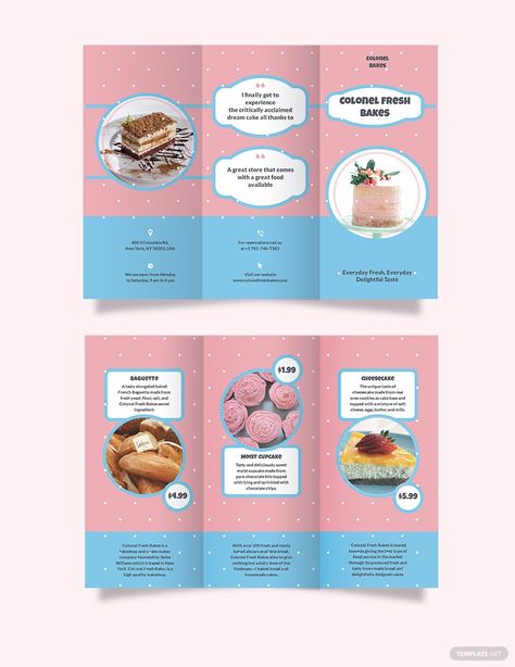 Free Cake Bakery Tri-Fold Brochure Template Bakery Brochure, Cake Brochure, Brochure Templates Free Download, Brochure Design Layouts, Brochure Design Creative, Brochure Design Layout, Illustrator Template, Trifold Brochure Design, Corporate Brochure Design