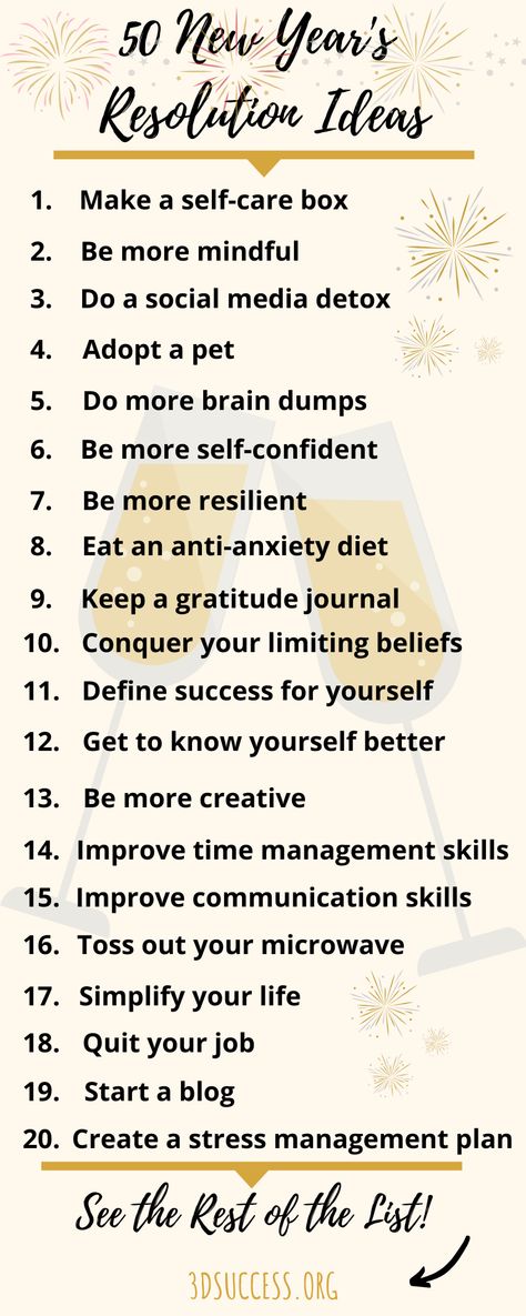 Here’s a list of New Year’s resolution ideas- if you want to make some changes but aren’t sure where to start, you’re sure to find some inspiration in this list of over 50 ideas pertaining to all aspects of life! #mysuccess #NewYearsResolution #reachyourgoals #personaldevelopment #selfimprovement #infographic New Year Resolution Ideas, Mommy Duties, Create Goals, New Years Resolution List, Resolution Ideas, Resolution List, Monthly Challenges, New Year Resolution, Year Goals