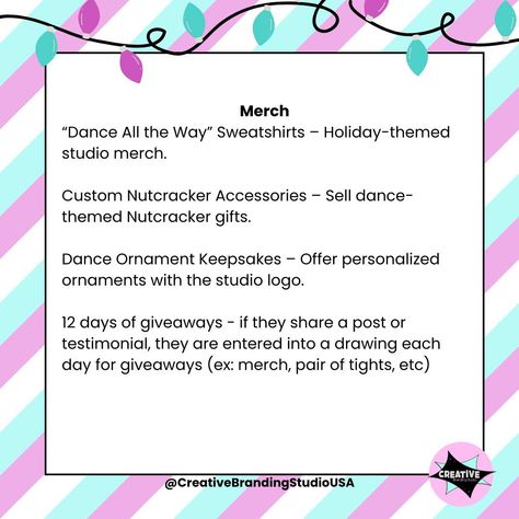 🎄 'Tis the season for Holiday Marketing! 🎄 And today's Tuesday Tip is jam-packed with ideas! 🤩 These ideas will help you spread holiday cheer, connect with your community, and attract new students while keeping current ones engaged. 💕 . . . . #holidaymarketingideas #holidaymarketing #dancestudiomarketing #dancestudiomarketingideas #dancestudioholiday #dancecommunity #socialmediafordance #dancestudioowner Dance Ornaments, Dance Studio Owner, Holiday Marketing, Holiday Market, Studio Logo, New Students, Personalized Ornaments, Dance Studio, Tis The Season