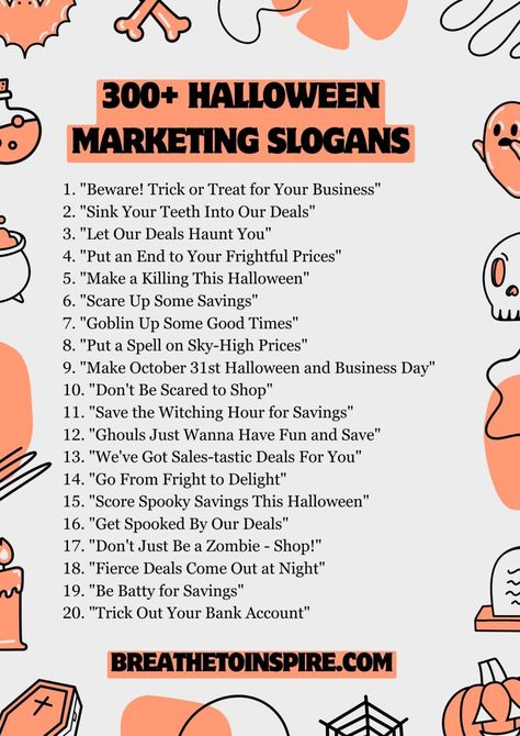 Halloween Home Health Marketing Ideas, Halloween Med Spa Specials, Halloween Campaign Ideas, Halloween Business Marketing Ideas, Halloween Promotion Ideas, Halloween Content Ideas, Halloween Slogans, Halloween Marketing Ideas, Sales Slogans