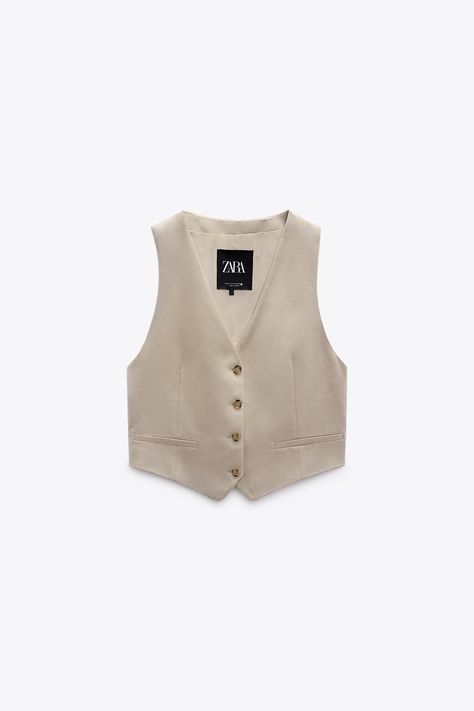 LINEN BLEND VEST - Taupe gray | ZARA United States Trendy Vest Outfit, Zara Clothes Women, Beige Vest Outfit, Capsule 2023, Zara Clothes, 2023 Moodboard, Waistcoat Outfit, Red Waistcoat, Olive Vest