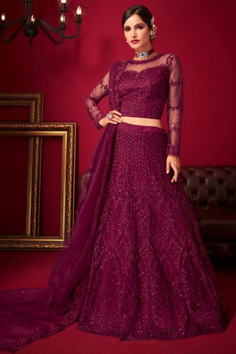 Embroidered Magenta Color Lehenga Choli In Net Fabric Purple Lehenga, Silk Lehenga Choli, Full Sleeve Blouse, Party Wear Lehenga Choli, Lehenga Online, Net Lehenga, Silk Bottoms, Lehenga Blouse, Party Wear Lehenga