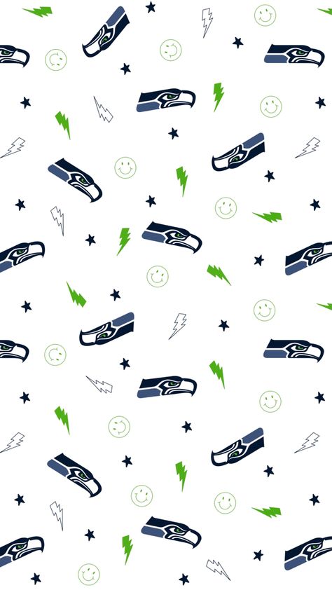 Seattle Seahawks logo pattern with lightning bolts, smiley faces and stars. Filled in lightning bolts and smiley faces are Seahawks green and outlined lightning bolts and stars and Seahawks navy and the background is white. Fit to a iPhone background. Seahawks Wallpaper Iphone, Seattle Seahawks Wallpaper, Seahawks Wallpaper, Seattle Wallpaper, Seattle Seahawks Football, Men's Journal, Seahawks Football, 12th Man, Seattle Seahawks