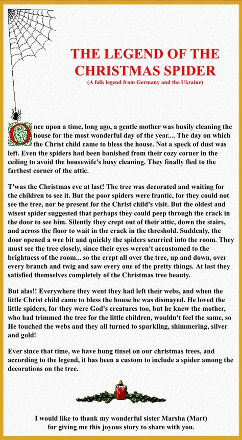 Legend of the Christmas Spider--although I hate spiders, I really like this! Spider Poem, Christmas Legends, Legend Symbol, Legend Of The Christmas Spider, Christmas Stories, Quotes Christmas, Christmas Spider, Christmas Writing, Christmas Ephemera