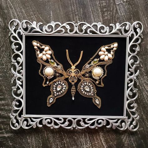 Birthday Gift /Butterfly Framed Jewelry Collage Art / Valentine's Day Gift/ Love You Gift / Midcentury-modern wall art Jewelry Tree Craft, Jewelry Collage, Jeweled Picture, Old Jewelry Crafts, Costume Jewelry Crafts, Framed Jewelry, Vintage Jewelry Ideas, Vintage Jewelry Repurposed, Jewelry Wall