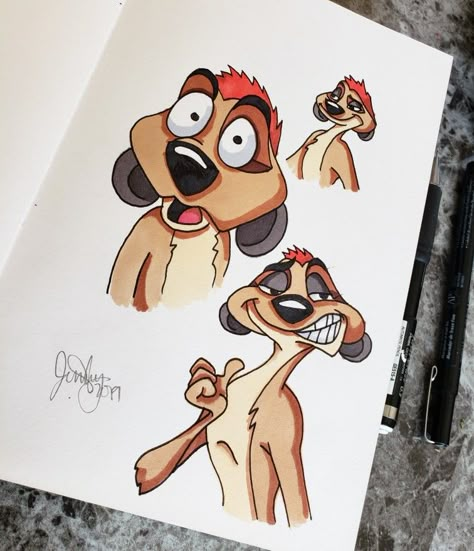 Disney Prismacolor Drawing, Timon Drawing, Disney Characters To Draw, Disney Characters Drawings, Cartoon Doodle Art, Cartoon Character Drawing, Lion King Drawings, Disney Drawings Sketches, Disney Art Drawings