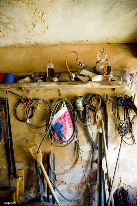 Messy garage wall with ropes and wires | free image by rawpixel.com Repair Shop Aesthetic, Mechanic Astetic, Mechanic Garage Aesthetic, Plumber Aesthetic, Messy Garage Aesthetic, Old Garage Aesthetic, Thrifted Decor, Great Bathrooms, Vintage Blanket