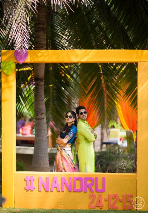 Photo Credits www.TheConArtists.in Shadi Decoration, Mehandi Decor, Outdoor Party Ideas, Diy Outdoor Party, Photobooth Frame, Diy Fotokabine, Diy Photo Booth Backdrop, Wedding Packaging, Photowall Ideas