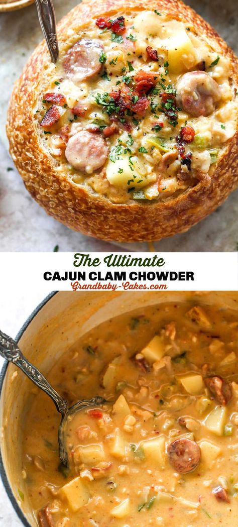 This Cajun Clam Chowder is rich and creamy, with just the right amount of Creole spices, salty bacon and andouille, clams, potatoes and veggies! #chowder #stew #clamchowder #seafood #clams #newenglandclamchowder #soup Clam Soup Recipes, Cajun Soups And Stews, Southern Soup Recipes, Seafood Soups And Stews, Andouille Soup, Southern Soups, Cajun Soup, Slow Cooker Clam Chowder, Winter Soups And Stews