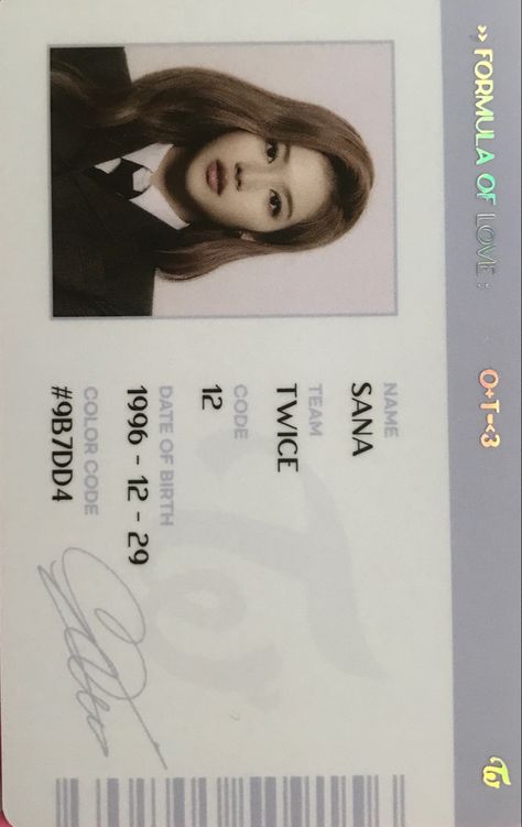 Fake Identity Card Front And Back, Fake Identity Card Template, Twice Id Card, Id Card Template Aesthetic, Id Card Design Kpop, Fake Identity Card, Kpop Id Card, Twice Id, Formula Of Love