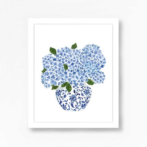 Hydrangea Print Hydrangea Art Hydrangea Painting Blue | Etsy Hydrangea Art Print, Blue And White Prints, Blue And White Painting, Blue And White Wall Art, Jar Watercolor, Seaside Bedroom, Hydrangea Art, Hydrangeas Art, Blue And White Art