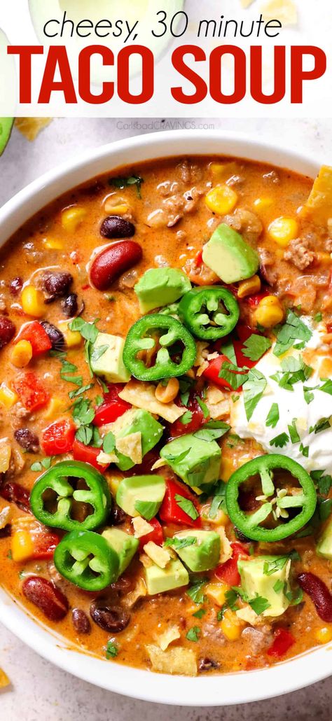 Taco Soup Recipe (with Creamy Taco Soup Variation!) - Carlsbad Cravings Cheesy Taco Soup, Taco Soup Ranch, Creamy Taco Soup, Easy Taco Soup Recipe, Taco Soup Recipe Easy, Soup Video, Main Dish Ideas, Easy Taco Soup, Winter Foods