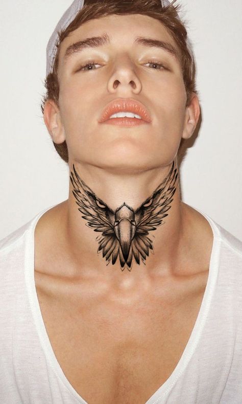 Eagle Throat Tattoo Men, Neck Tattoos For Men Throat, Tattoo Throat Men, Eagle Tattoo On Neck, Eagle Tattoo Neck, Small Throat Tattoo, Tattoos For Men Neck, Men’s Neck Tattoos, Side Neck Tattoos For Men