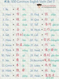 Most common verbs in English translated into Chinese/pinyin Chinese Verbs, Kaligrafi China, Pinyin Chinese, Words In Chinese, Mandarin Pinyin, Study Chinese, Chinese Grammar, Words In Different Languages, Mandarin Chinese Languages