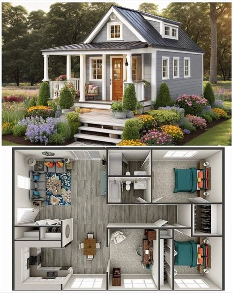 Farm Style House, Small Cottage Homes, Modern Small House Design, Tiny House Loft, Tiny House Layout, Tiny House Inspiration, Small House Floor Plans, Casas The Sims 4, Sims House Plans