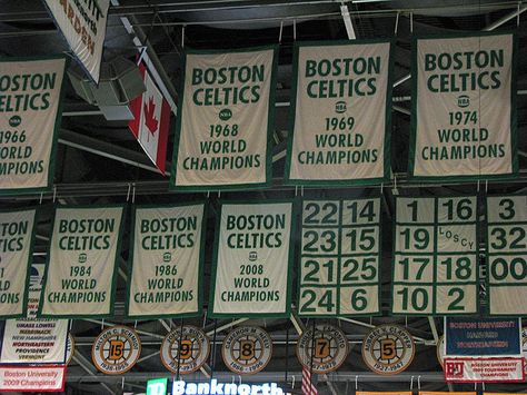 Championship Banners... Celtics Championship, Championship Banner, Basketball Display, Nike Nba, Campaign Ideas, Nba Legends, Basketball Legends, Dirty Water, Hanging Posters