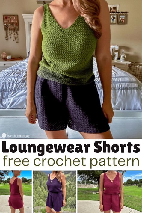 These crocheted loungewear shorts are very comfortable. This clever design pairs perfectly with the Everyday Tank top to make a romper! Crochet Romper Womens, Crochet Shorts Pattern Free, Shorts Free Pattern, Crochet Loungewear, Crochet Leggings, Shorts Pattern Free, Summer Crochet Clothes, Cute Loungewear, Crochet Shorts Pattern