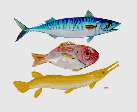 Fish Gouache, Gouache Illustrations, Fish Painting, Fish Print, Gouache Painting, House Painting, Traditional Art, Art Works, Animal Drawings