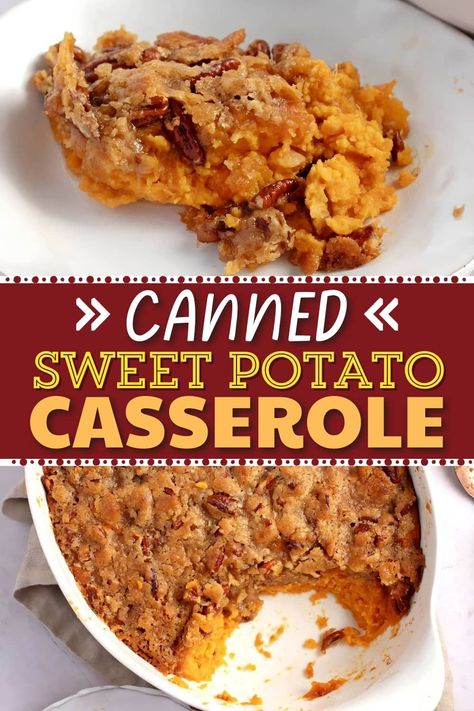 Canned sweet potato casserole is easy, comforting, and delicious! Learn how to make it and get tips so it comes out perfect. Sweet Potato Casserole Canned Potatoes, Easy Sweet Potato Casserole Using Canned Sweet Potatoes, Sweet Potato Casserole From Can, Sweet Potatoe Casserole Recipes Using Canned Sweet Potatoes, Canned Sweet Potatoes Casserole, Canned Yam Sweet Potato Casserole, Sweet Potato Casserole Made With Canned Sweet Potatoes, Sweet Potatoe Casserole Recipes With Canned Yams, Sweet Potato Casserole With Can Yams