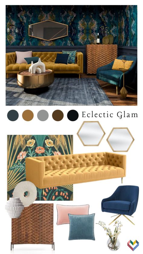 This mood board encapsulates all the beautiful textures and rich colors of this eclectic living room with a glam touch. Eclectic Design Mood Board, Home Interior Mood Board, Hollywood Glam Mood Board, Eclectic Living Room Mood Board, Eclectic Interior Design Mood Board, Mode Board Interior Design, Glam Living Room Mood Board, Gold Sofa Living Room Color Schemes, Eclectic Mood Board