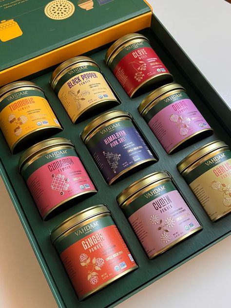 Vahdam Kitchen Essential Spice Box Review | POPSUGAR Food Food Gift Box Packaging, Spices Box Design, Spice Box Ideas, Repackaging Design, Masala Box Design, Spice Packaging Design Ideas, Spices Design, Spices Packaging Design, Food Packaging Ideas