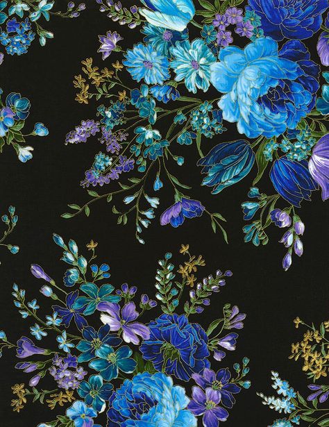 Timeless Treasures Enchanted Main Floral Flower On Black Metallic Cotton Fabric - 840615176475 Purple Flower Bouquet, Watercolor Wave, Timeless Treasures Fabric, Light Blue Flowers, Black Flower, Cotton Quilting Fabric, Cellphone Wallpaper, Timeless Treasures, Flower Wallpaper