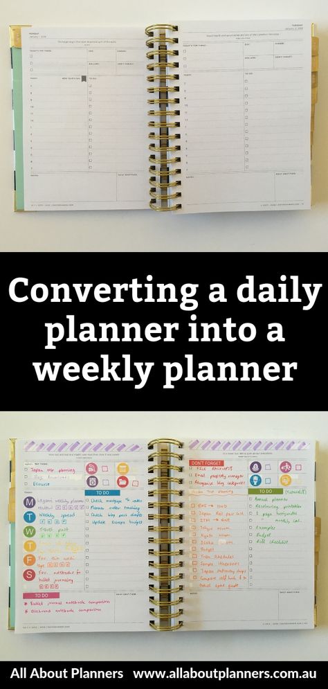 Check out how to convert the day designer daily into weekly planner. This  quick and easy process uses rainbow color coding   a simple and functional layout to easily fit your needs. #planning Day Designer Planner, Planner Monthly Layout, Planner Setup, Small Business Planner, Daily Planners, Planner Tips, Daily Planner Pages, Day Designer, School Planner