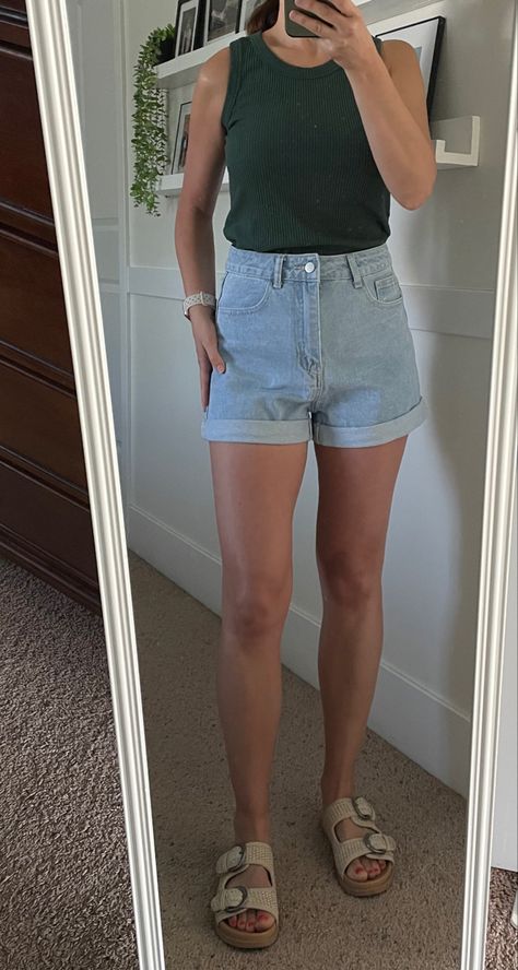 Forest green ribbed tank top, high-waisted light denim shorts, wicker Birkenstock sandals •summer outfit White Tank Top Outfit Summer, Sandals Summer Outfit, White Tank Top Outfit, Summer Tank Top Outfits, Light Denim Shorts, Summer Denim Shorts, Denim Shorts Outfit, Summer Shorts Denim, 2024 Style