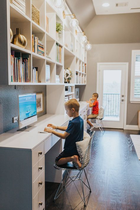 Study Room With Two Desks, Home Library And Study Room, Home Work Room Ideas, Homework Area In Family Room, Homework Loft Area, Study With Couch And Desk, Kids Room Double Desk, Studying Room Design, Basement Desk Area Work Stations