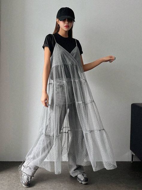 Mesh Dress Over Pants, Sheer Dress Over Pants, Mesh Dress Over Jeans, Transparent Dresses Outfits, Mesh Dress Outfit Street Style, Sheer Dress Over Jeans, Camisole Dress Outfit, Sheer Dress Outfit, Sheer Dresses Outfit