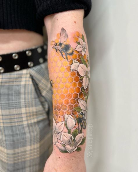 Bee Swarm Tattoo, Bee And Mushroom Tattoo, Honeycomb Filler Tattoos, Abstract Bee Tattoo, Honeycomb Tattoo Sleeve Filler, Honeycomb Flower Tattoo, Honeycomb Bee Tattoo, Honeycomb Tattoos, Bee Sleeve Tattoo